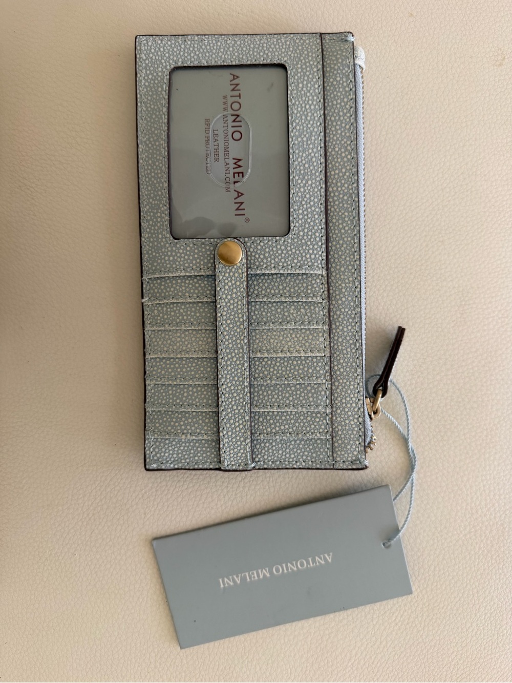 ANTONIO MELANI Light Gray Pebbled Long Zip Wallet